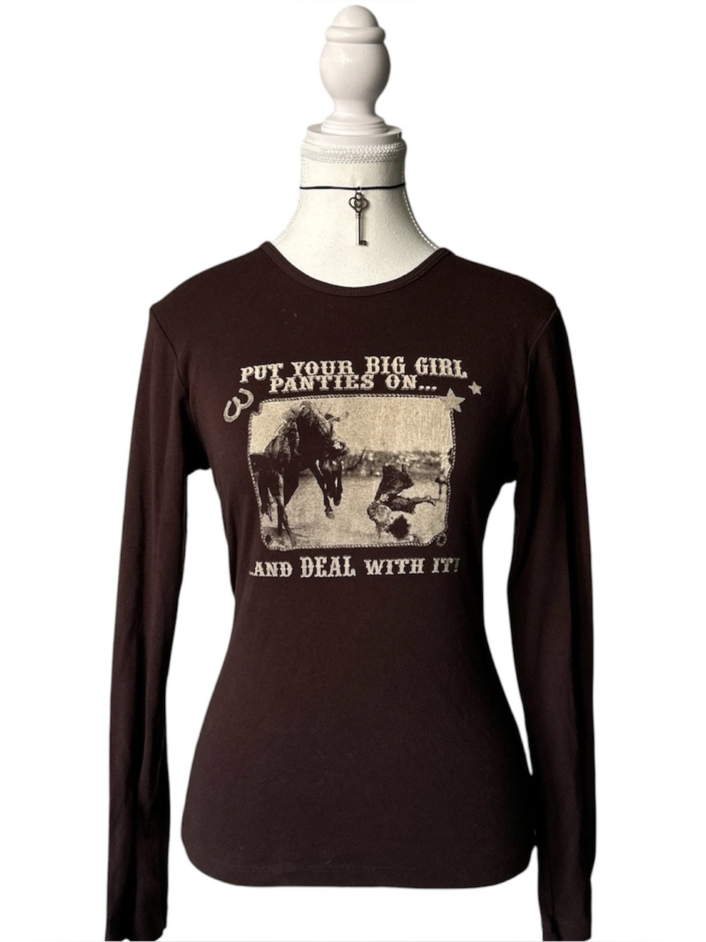 Y2K “Bella” Brown and Cream “Deal with It” Graphic Long Sleeve Top